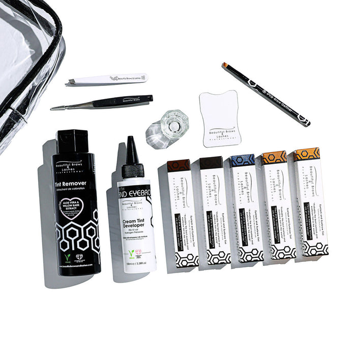 Pro Tint Pack contents: five tint shades, Tint Remover, Cream Tint Developer, tweezers, eye guard, mixing cup and brow brush