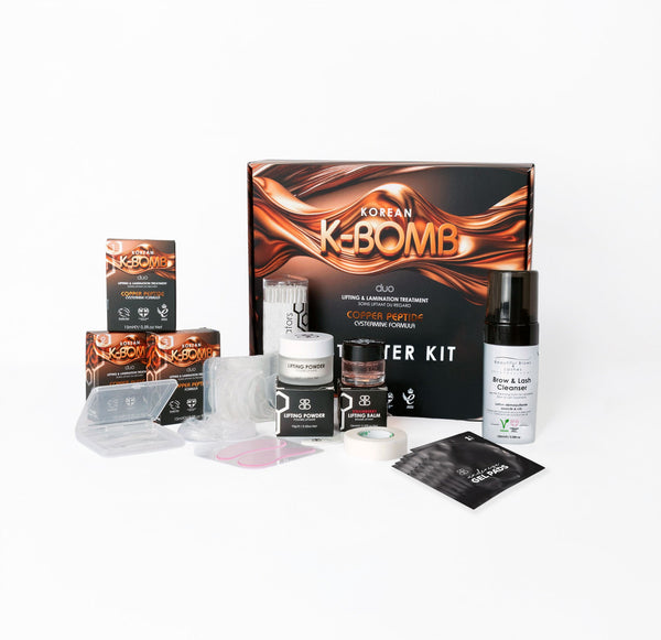 K-Bomb Starter Kit contents, including Steps 1, 2, and 3, lifting balm, lifting powder, cleanser, and tools.