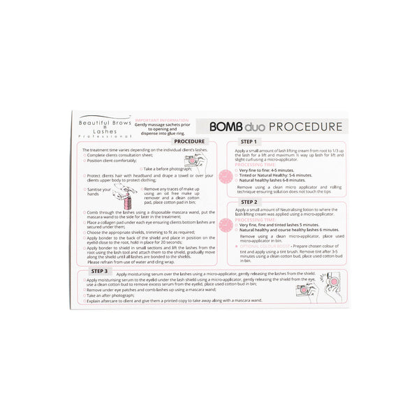 Laminated Procedure Card for the BOMB Duo system, front side