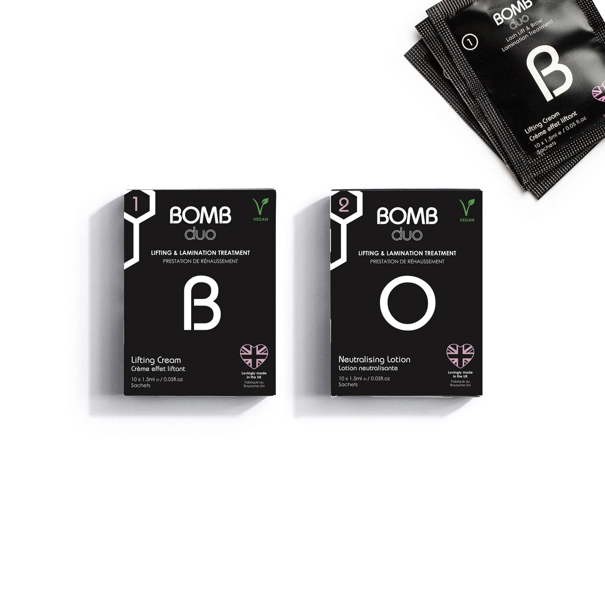 BOMB Duo Step 1 and Step 2 brow lamination and lash lift solutions | Beauty Endevr
