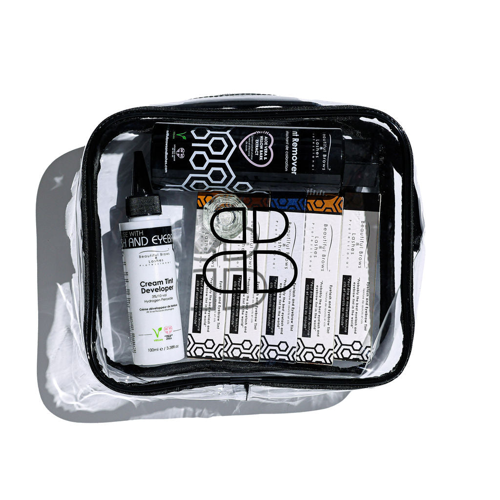 Pro Tint Pack in a clear zip case with Cream Tint Developer, Tint Remover and tint boxes