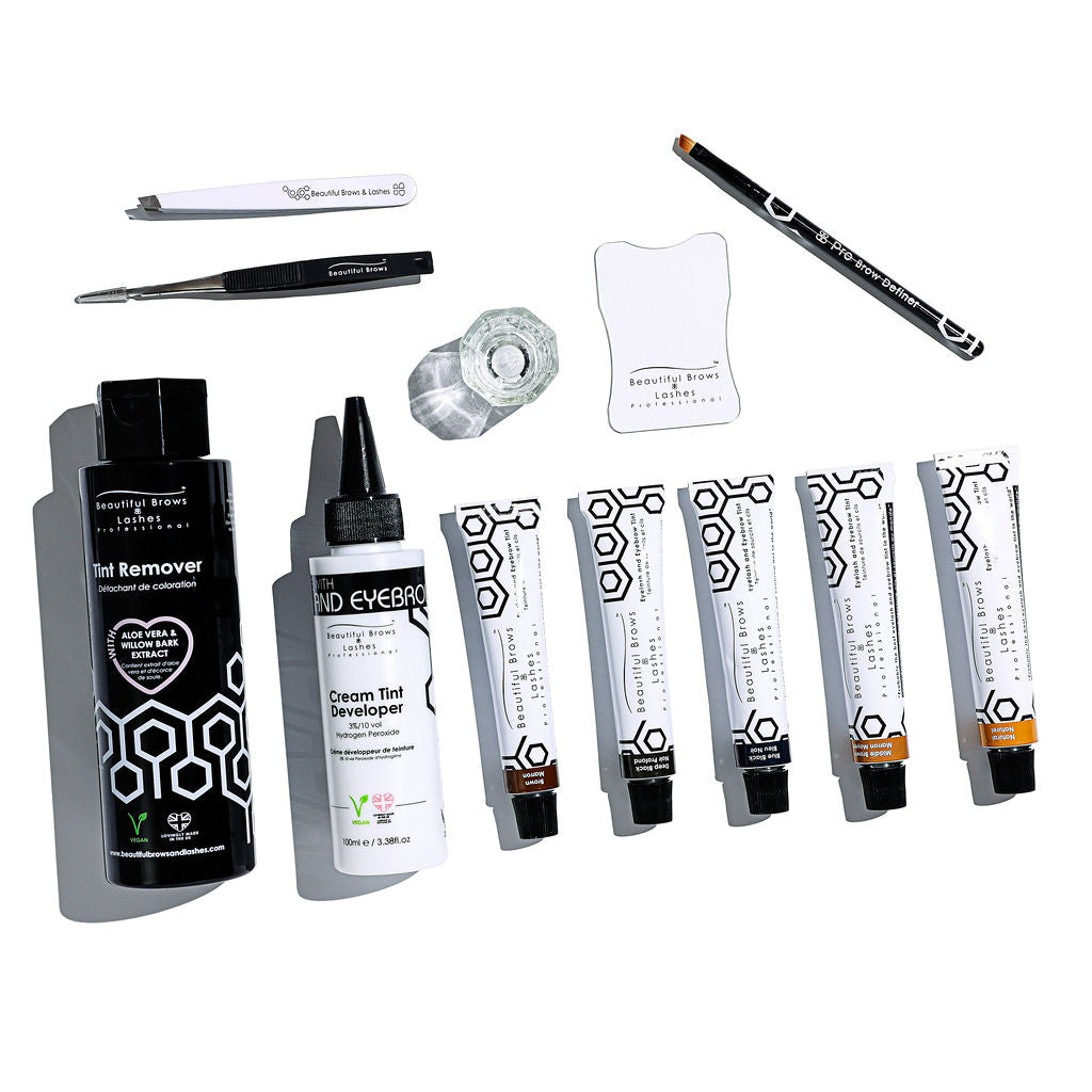 Pro Tint Pack lash and brow tint tubes in five shades with Tint Remover, Cream Tint Developer and tools