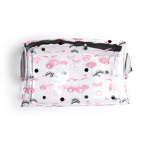 Makeup Bag, a clear zip pouch printed with pink eyes and lashes